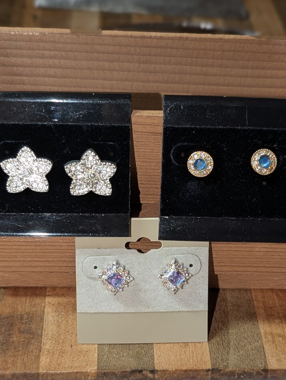LOT 3 Vintage ROMAN Deadstock Earrings NOS Pavé Rhinestone Flower Square Studs